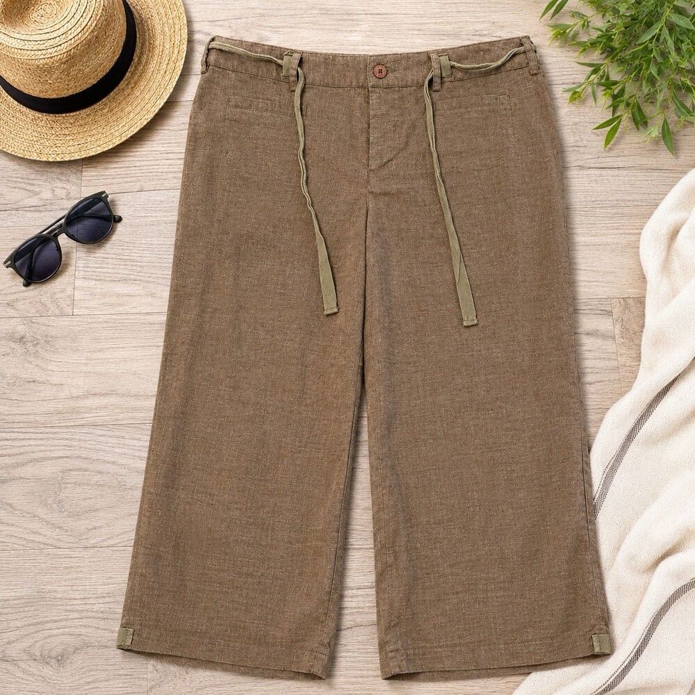 Isis Women Brown Green Capri khaki Pants hemp blend Flat Front Pockets Large 14